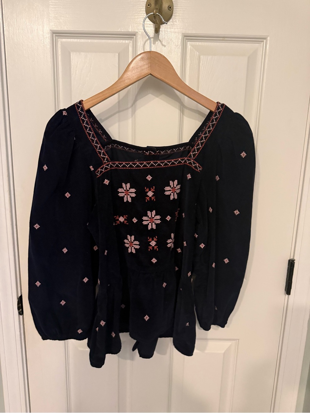 Madewell Embroidered Navy Peasant Top - Women's Navy Floral Blouse